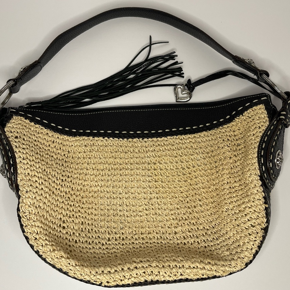 Vintage Brighton Black Leather Raffia Summer Large Hobo Bag